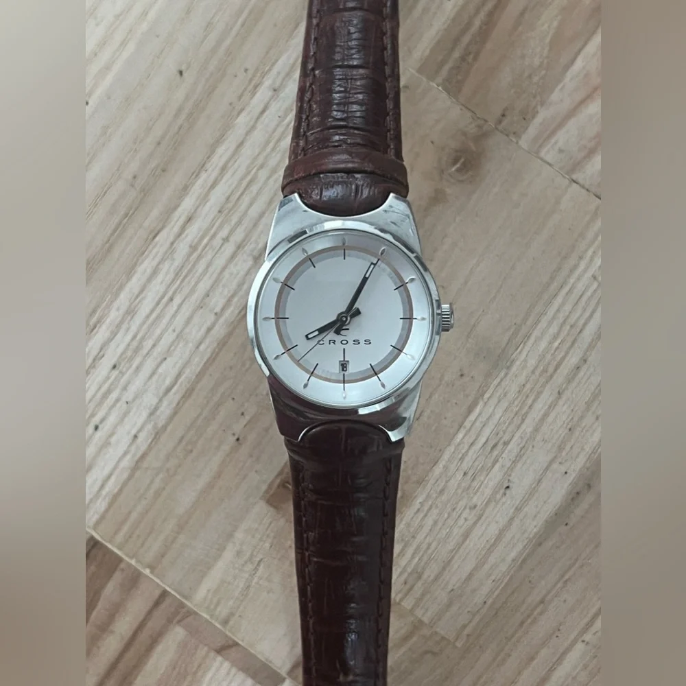 Cross Ladies Watch Beautiful Two-Tone Dial Date Window Brown Leather Strap